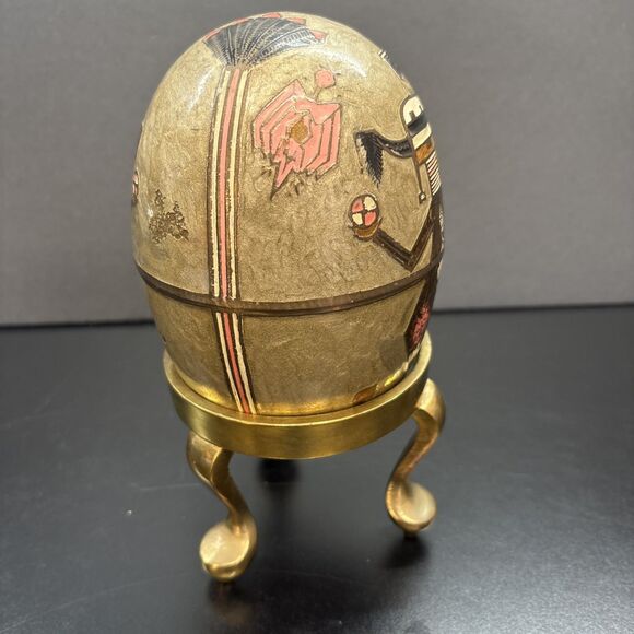Enameled Cloisonne Brass Egg Trinket Box with Brass Stand - Picture 7 of 12